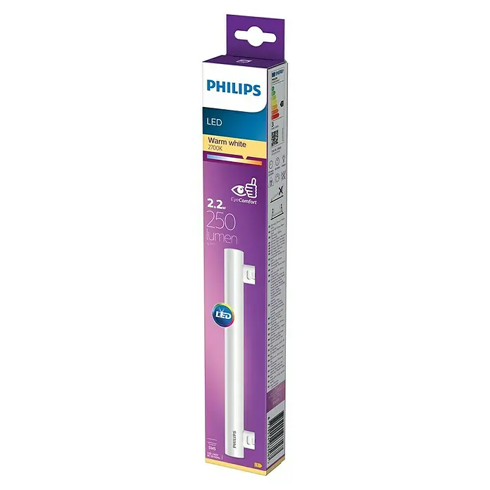 Philips Tubo fluorescente LED S - Blanco cálido, 2,2 W, 250 lm, S14s - Embalaje de un tubo LED Philips de 2,2 W, 250 lúmenes, luz blanca cálida (2700K) con tecnología EyeComfort para una iluminación agradable.