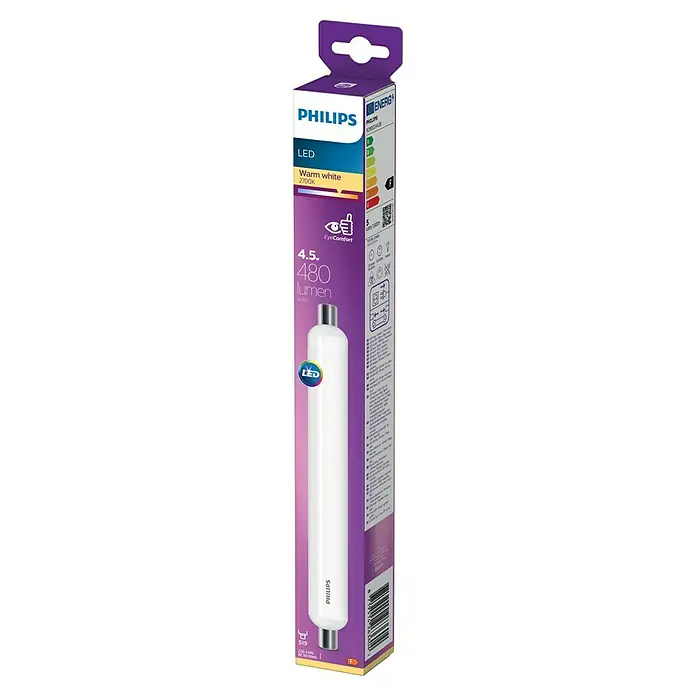 Philips Tubo fluorescente LED S14S - Blanco cálido, 4,5 W, 480 lm, S19 - Una foto de cerca del empaque de un tubo de luz LED Philips, etiquetado como "Blanco cálido" y "EyeComfort", conocido por la eficiencia energética.