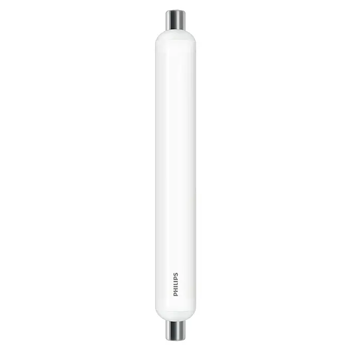 Philips Tubo fluorescente LED S14S - Blanco cálido, 4,5 W, 480 lm, S19 - Imagen de una botella de agua blanca de Philips con detalles plateados en la parte superior e inferior.