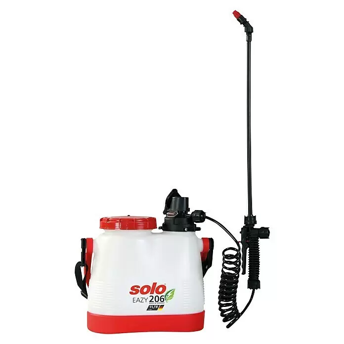 Solo Drucksprühgerät Easy 206 - Betriebsdruck: 1 bar - 2,5 bar, Kunststoff - Weiß-rotes Solo EAZY 206 Akku-Sprühgerät mit langem schwarzen Sprührohr und Spiralschlauch.