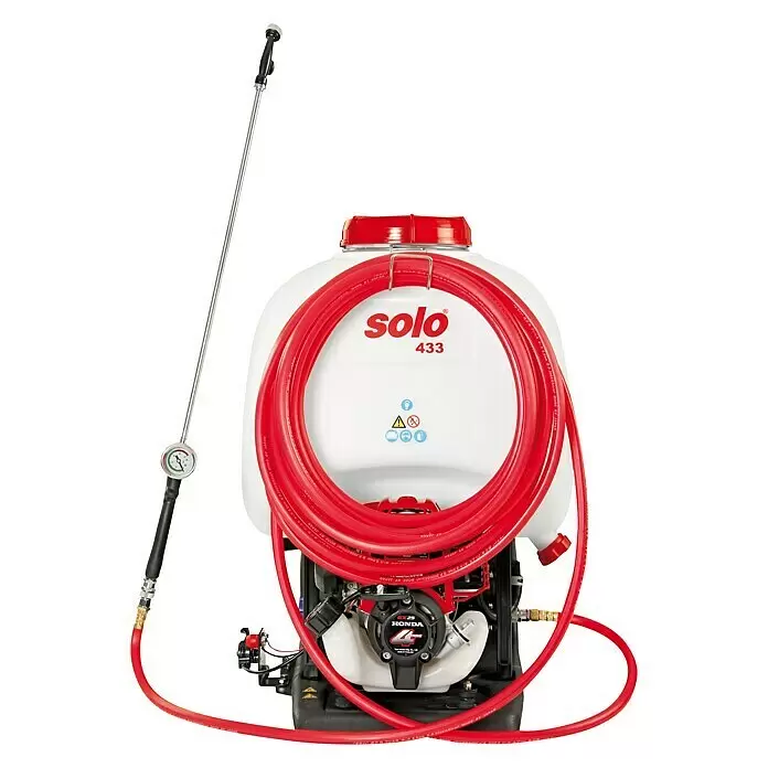 Solo Ersatz-Hochdruckschlauch - Länge: 10 m - Weißes Solo 433 Rückensprühgerät mit rotem Schlauch, Honda GX25 Motor und Sprühlanze mit Manometer.