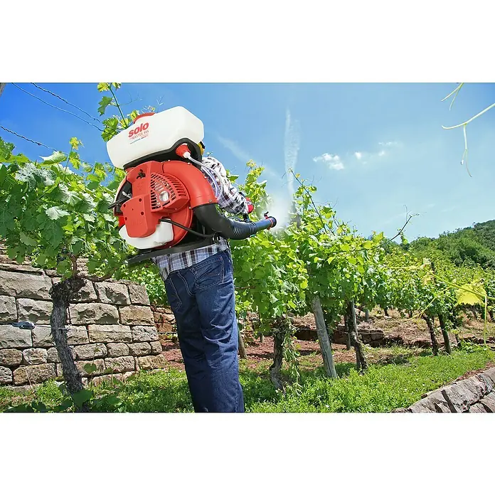 Solo Motor-Sprühgerät Master 466 Evolution2,1 PS, 14 l - Mann sprüht SOLO 465 Rückensprühgerät auf einen Weinberg.
