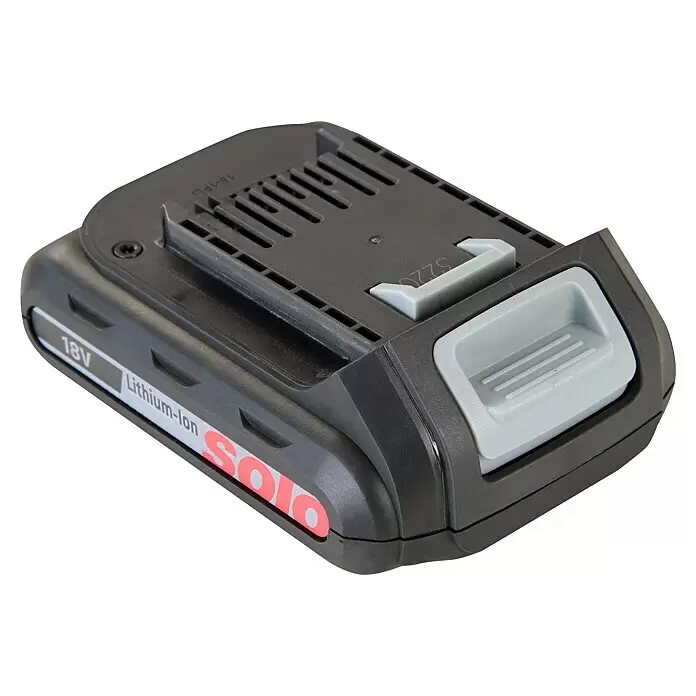 Solo Ersatz-Akku - 18 V, Li-Ionen, 2,5 Ah - Dunkelgrauer 18V Lithium-Ionen-Akkupack mit hellgrauen Verriegelungen und "Solo"-Branding.