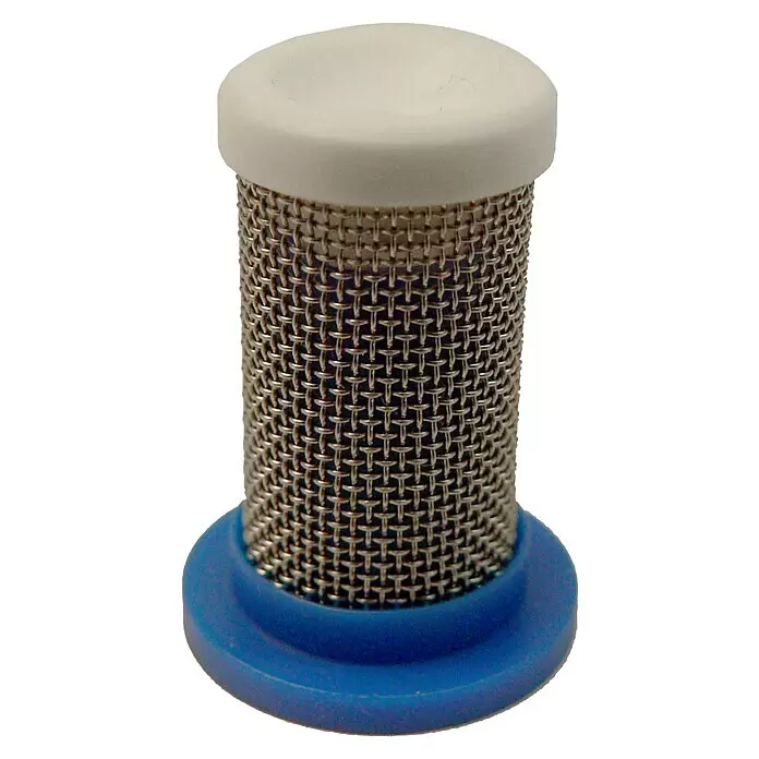 Solo Kugelventilfilter - Passend für: Solo Spritzbalken - Zylindrischer Filter mit silbernem Metallgewebe, weißer Oberseite und blauem Sockel zur Flüssigkeitsfiltration.