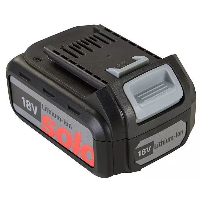 Solo Ersatz-Akku - 18 V, Li-Ionen, 5 Ah - Dunkelgrauer 18V Lithium-Ionen Akku für Elektrowerkzeuge mit grauen Etiketten und rotem 'Solo' Branding.