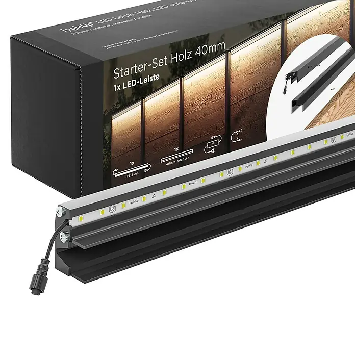 LyghtUp Zaunbeleuchtung Starter-Set - Länge: 173,3 cm, Anthrazit, Passend für: Holzzäune mit 40 mm Stärke, 4 -tlg. - Produktbild des LyghtUp LED Leiste Holz Starter-Sets 40mm, ideal für stimmungsvolle Holzakzente. Elegantes Design für den Innen- und Außenbereich.
