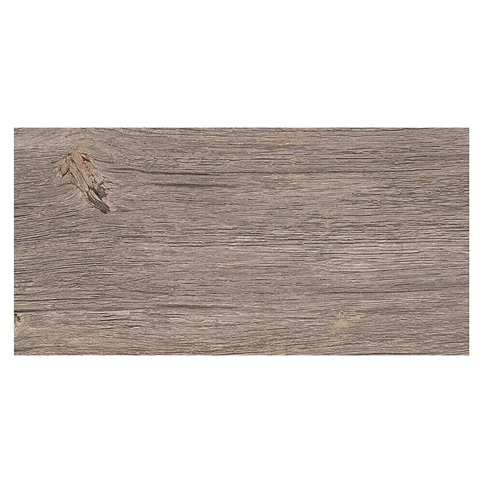 Feinsteinzeugfliese Betulla 2.0 - 30 x 60 cm, Braun, Matt - Nahaufnahme einer rustikalen Holzoberfläche mit markanter Maserung und einem Astloch, ideal für Hintergründe oder Texturen.