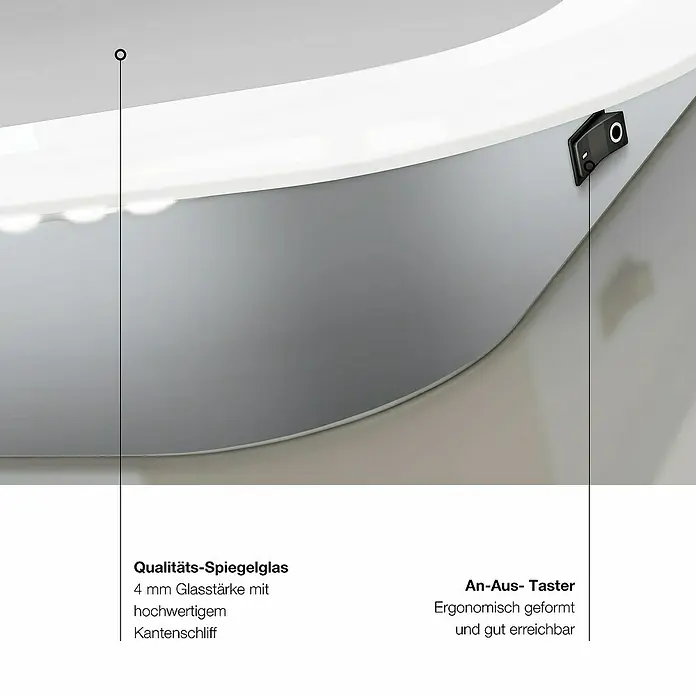 DSK Lichtspiegel Silver Luna - 120 x 70 cm - Detailaufnahme eines Spiegels mit hochwertigem Kantenschliff und einem ergonomisch geformten An-Aus-Taster.