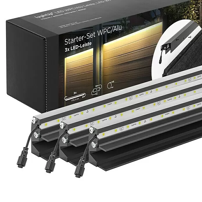 LyghtUp Zaunbeleuchtung Starter-Set - Länge: 173,3 cm, Anthrazit, Passend für: WPC- und Aluminium-Steckzäune, 5 -tlg. - LyghtUp WPC/Alu LED Starter-Set mit drei anthrazitfarbenen Lichtleisten, einzeln verbunden, mit sichtbaren LEDs.