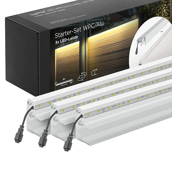 LyghtUp Zaunbeleuchtung Starter-Set - Länge: 173,3 cm, Silber, Passend für: WPC- und Aluminium-Steckzäune, 5 -tlg. - Abbildung eines LyghtUp LED WPC/Alu Leiste Starter-Sets mit 3 LED-Leisten und Produktverpackung.
