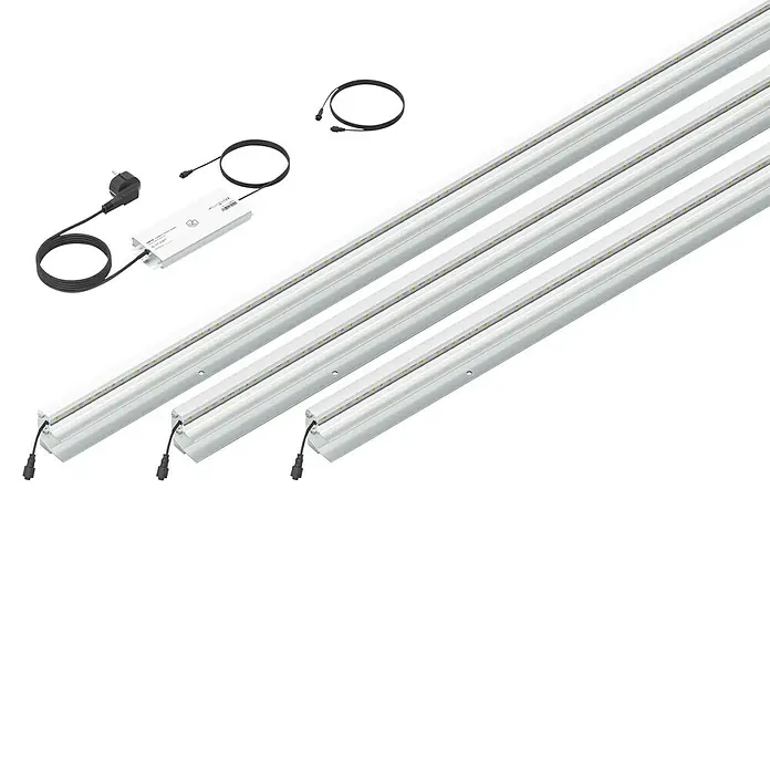 LyghtUp Zaunbeleuchtung Starter-Set - Länge: 173,3 cm, Silber, Passend für: WPC- und Aluminium-Steckzäune, 5 -tlg. - Drei LED-Leuchtstoffröhren mit Zubehör für eine moderne und energieeffiziente Beleuchtungslösung.