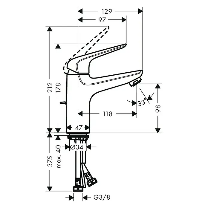 Hansgrohe Novus Waschtischarmatur 100 - Chrom, Glänzend - Produktabbildung eines Wasserhahns mit Maßangaben, inklusive Höhe, Ausladung und Durchmesser für Installationsdetails.