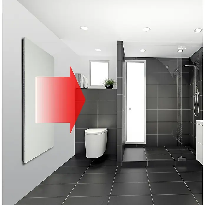 Admiral Infrarot-Metallheizkörper - 1.200 x 600 mm, 1.100 W, Weiß - Badezimmer mit Toilette, Dusche und großem Heizkörper, der mit einem roten Pfeil hervorgehoben wird, um seine Richtung anzuzeigen.