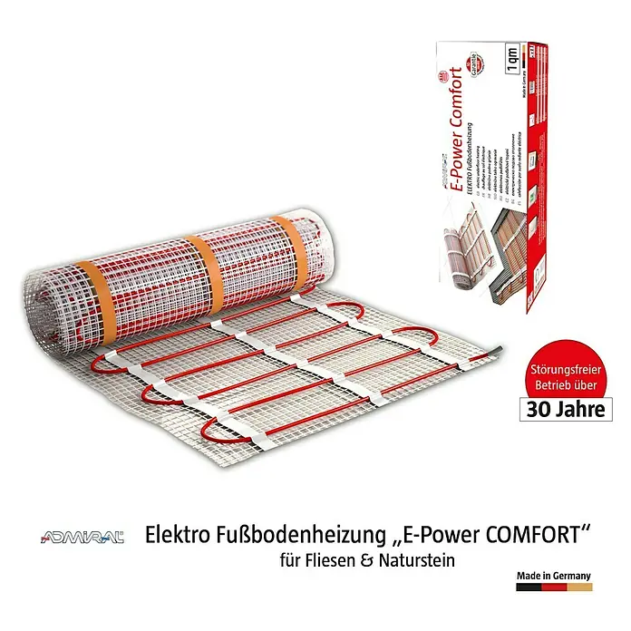 Admiral E-Power Fußbodenheizung Comfort - L x B: 36 x 0,5 m, Beheizbare Fläche: 18 m², 135 W - Bild einer elektrischen Fußbodenheizungsmatte „E-Power Comfort“ von Admiral, ideal für Fliesen und Natursteinböden.