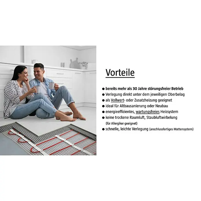 Fußbodenheizung E-Power Comfort - Beheizbare Fläche: 5 m², 150 W - Bild einer Flächenheizung unter Fliesen, mit einem Paar im Hintergrund, und einer Liste der Vorteile.