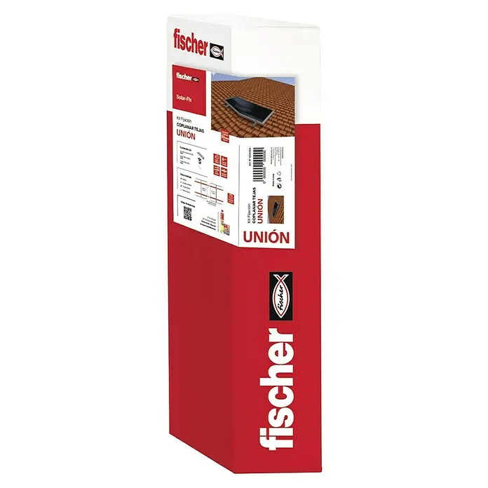 Fischer Sistema de unión para fijación coplanar - Gris - El embalaje del kit de fijación Fischer Solar-Fix Coplanar-Tejas Union para placas solares en tejados de tejas en rojo y blanco.