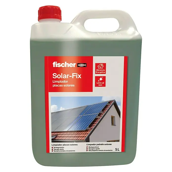 Fischer Limpiador multiusos para paneles solares - 5 l - Un bidón de limpiador Fischer Solar-Fix para placas solares, diseñado para una limpieza eficiente y suave de las instalaciones solares.