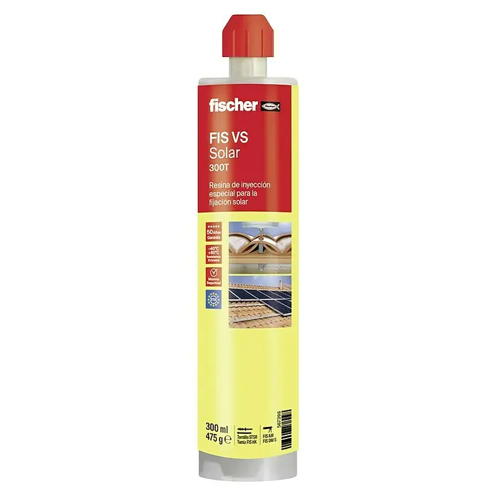 Fischer Taco químico Fis VS - 300 ml - Resina de inyección Fischer FIS VS Solar 300T para fijaciones solares. Solución fiable con resistencia a la temperatura y garantía de seguridad.