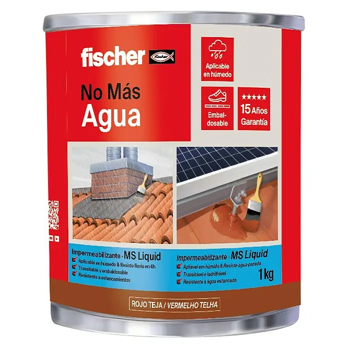 Fischer Impermeabilizante MS liquid - 1 kg - Bote de Fischer No Más Agua MS Liquid impermeabilizante en rojo teja, 1 kg. Es ideal para sellar y ofrece 15 años de protección.