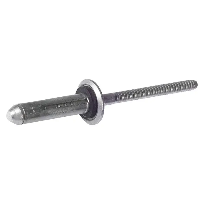 Fischer Remache Solar ALG - Ø x L: 5,2 x 20 mm - Un remache plateado con un eje moleteado y una cabeza redondeada sobre un fondo negro.
