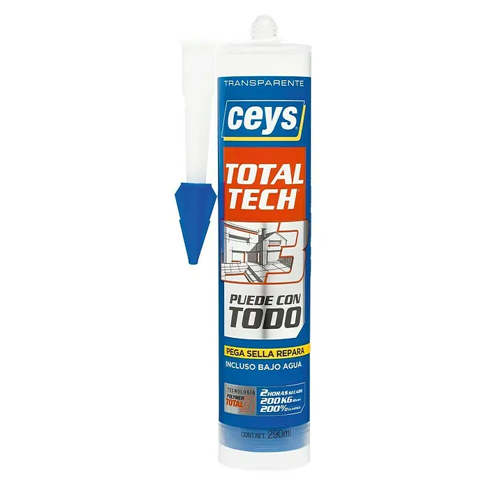 Ceys Adhesivo y sellador Total-Tech - Transparente, 290 ml - Imagen de un cartucho de adhesivo transparente Ceys Total Tech, ideal para pegar, sellar y reparar, incluso bajo agua.