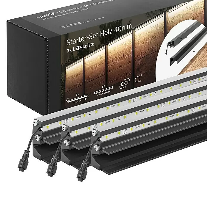 LyghtUp Zaunbeleuchtung Starter-Set - Länge: 173,3 cm, Anthrazit, Passend für: Holzzäune mit 40 mm Stärke, 8 -tlg. - Starter-Set mit 3 anthrazitfarbenen LyghtUp LED-Leisten für Holz, komplett mit Adaptern und Verkabelung.