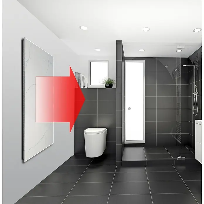 Jollytherm Infrarot-Keramikheizkörper - B x H: 600 x 1.200 mm, 1.100 W, Weiß, Grau - Ein modernes Badezimmer mit einem eleganten weißen Heizkörper an der Wand, der für Wärme und Stil sorgt.