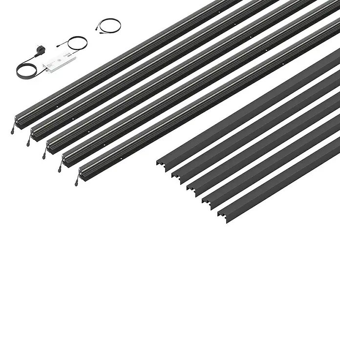 LyghtUp Zaunbeleuchtung Starter-Set - Länge: 173,3 cm, Anthrazit, Passend für: Holzzäune mit 40 mm Stärke, 12 -tlg. - Eine Nahaufnahme von sechs LED-Leuchten und vier schwarzen Lichtleisten, die ein modernes und effizientes Beleuchtungssystem darstellen.