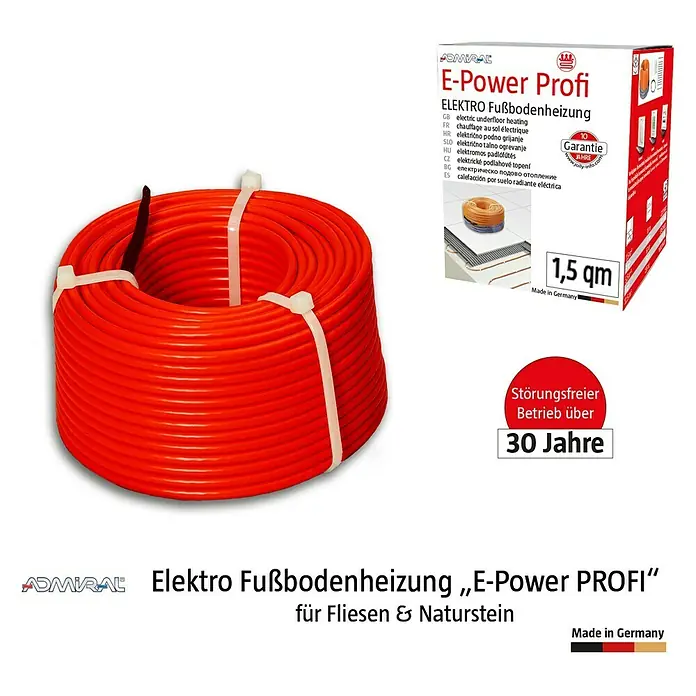 Admiral E-Power Fußbodenheizung Profi - 18,75 m, Beheizbare Fläche: 1,5 m², 225 W - Produktabbildung einer Elektro Fußbodenheizung „E-Power PROFI“ für Fliesen & Naturstein, mit 30 Jahre Garantie für störungsfreien Betrieb.