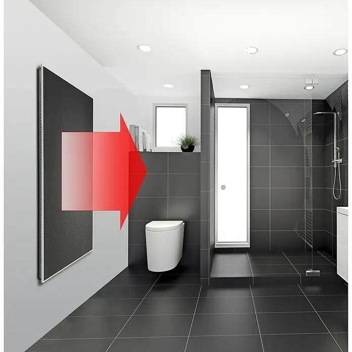 Jollytherm Infrarot-Keramikheizkörper - B x H: 600 x 1.200 mm, 1.100 W, Natursteinoptik - Modernes Badezimmer mit stilvollem Design und hochwertigen Materialien. Der Fokus liegt auf der eleganten Gestaltung und Funktionalität.