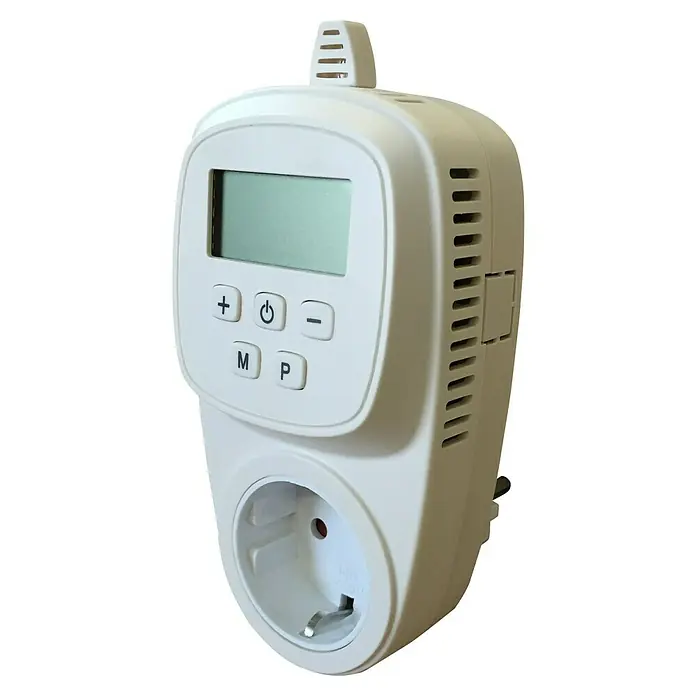Jollytherm Raumthermostat - 230 V, Weiß - Nahaufnahme eines weißen digitalen Thermostats mit Steckdose und Knöpfen für Temperaturregelung und Programmierung.