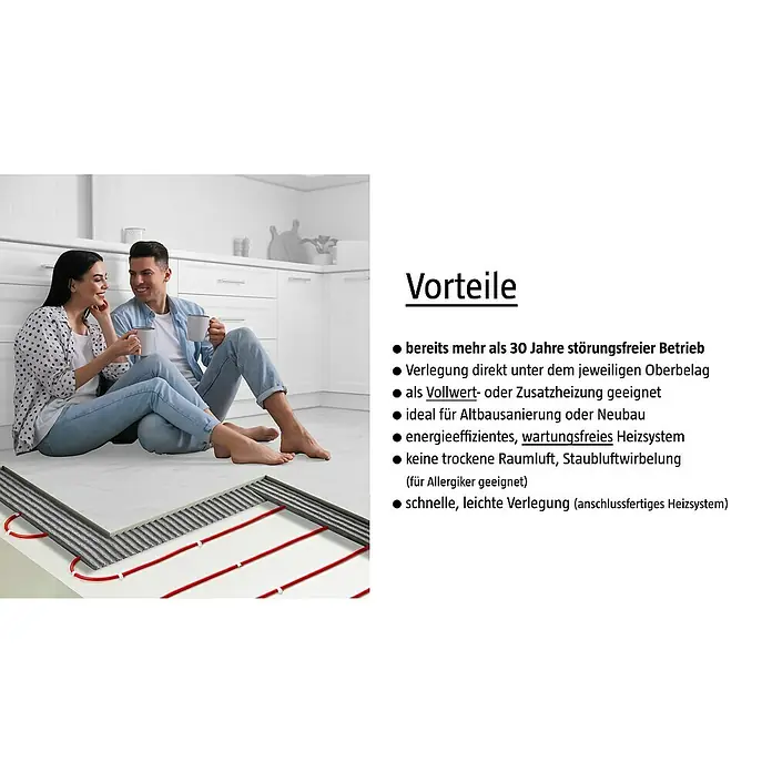 Admiral E-Power Fußbodenheizung Profi - 18,75 m, Beheizbare Fläche: 1,5 m², 225 W - Ein Paar sitzt auf dem Boden mit einer Fußbodenheizung.