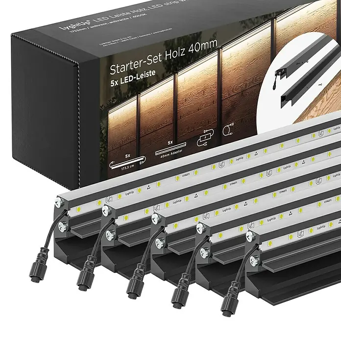 LyghtUp Zaunbeleuchtung Starter-Set - Länge: 173,3 cm, Anthrazit, Passend für: Holzzäune mit 40 mm Stärke, 12 -tlg. - Produktfoto eines LyghtUp LED Leisten Holz Starter-Sets mit 5 LED-Leisten, ideal für stimmungsvolle Beleuchtung.