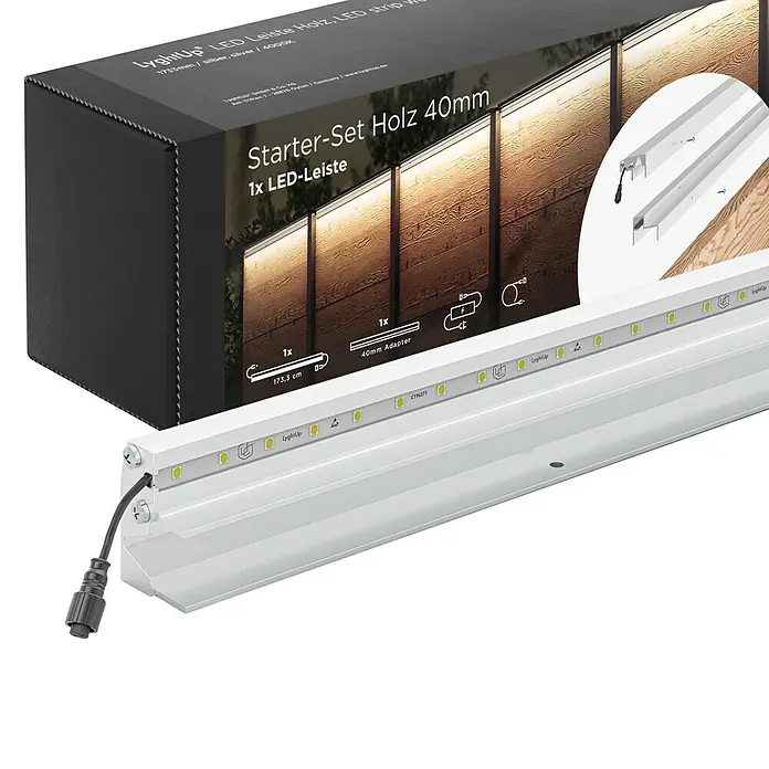 LyghtUp Zaunbeleuchtung Starter-Set - Länge: 173,3 cm, Silber, Passend für: Holzzäune mit 40 mm Stärke, 4 -tlg. - Produktfoto: LyghtUp LED Leiste Holz Starter-Set (40mm), ideal für stimmungsvolle Holzakzente. Silberfarben, 1733mm lang, 4000K.