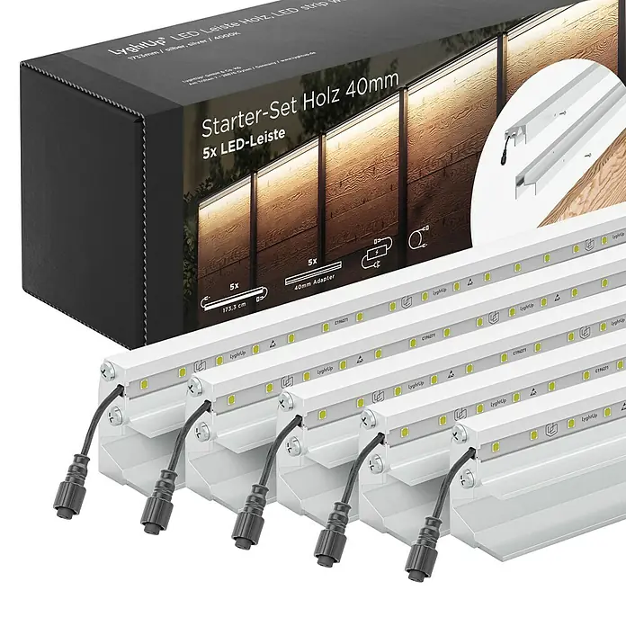 LyghtUp Zaunbeleuchtung Starter-Set - Länge: 173,3 cm, Silber, Passend für: Holzzäune mit 40 mm Stärke, 12 -tlg. - Produktbild eines LyghtUp LED Leisten-Starter-Sets Holz 40mm mit 5 LED-Leisten. Ideal für stimmungsvolle Beleuchtung im Innen- und Außenbereich.