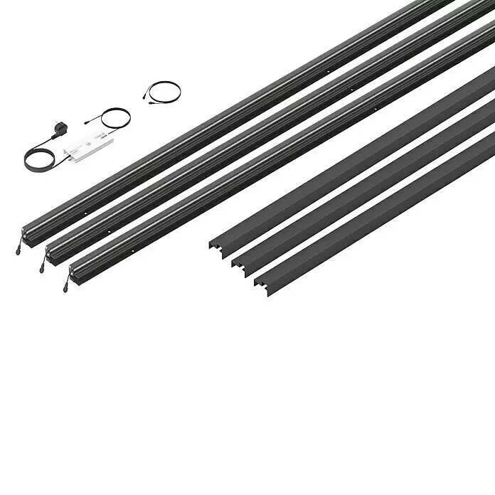 LyghtUp Zaunbeleuchtung Starter-Set - Länge: 173,3 cm, Anthrazit, Passend für: Holzzäune mit 40 mm Stärke, 8 -tlg. - Set aus dunkelgrauen LED-Pflanzenlampen, Netzteil, Kabeln und Montageprofilen für die Gartenbaubeleuchtung.
