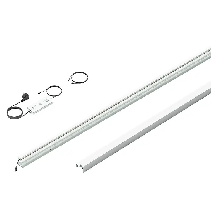LyghtUp Zaunbeleuchtung Starter-Set - Länge: 173,3 cm, Silber, Passend für: Holzzäune mit 40 mm Stärke, 4 -tlg. - Produktbild einer Stromschiene mit Zubehör, inklusive Adapter, Stecker und Verbindungskabel. Ideal für flexible Beleuchtungslösungen.