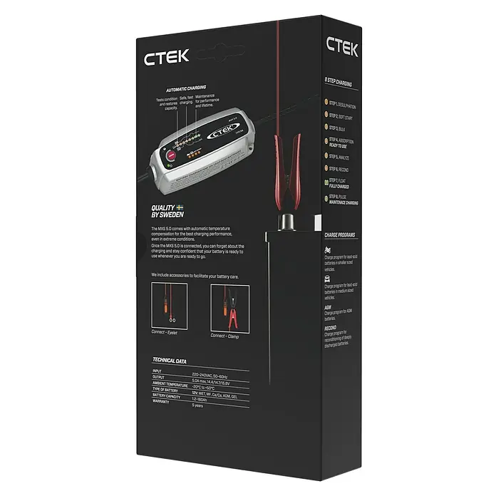 CTEK Automatik-Ladegerät MXS 5.0 EU - Ladestrom: 5 A, Kapazität: 1,2 Ah - 110 Ah - Produktverpackung CTEK MXS 5.0 Batterieladegerät. Automatisches Laden, 8-Stufen-Ladeverfahren und technische Daten im Überblick.