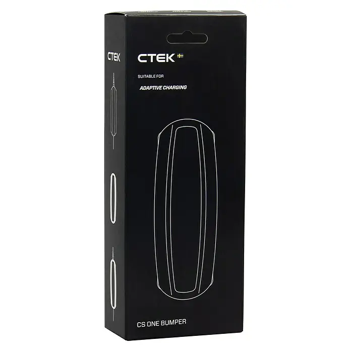 CTEK Schutzhülle CS ONE BUMPERPassend für: CTEK Automatik-Ladegerät CS ONE - Verpackung für CTEK CS ONE Bumper für Adaptive Charging, dargestellt mit schematischer Zeichnung des Produkts.