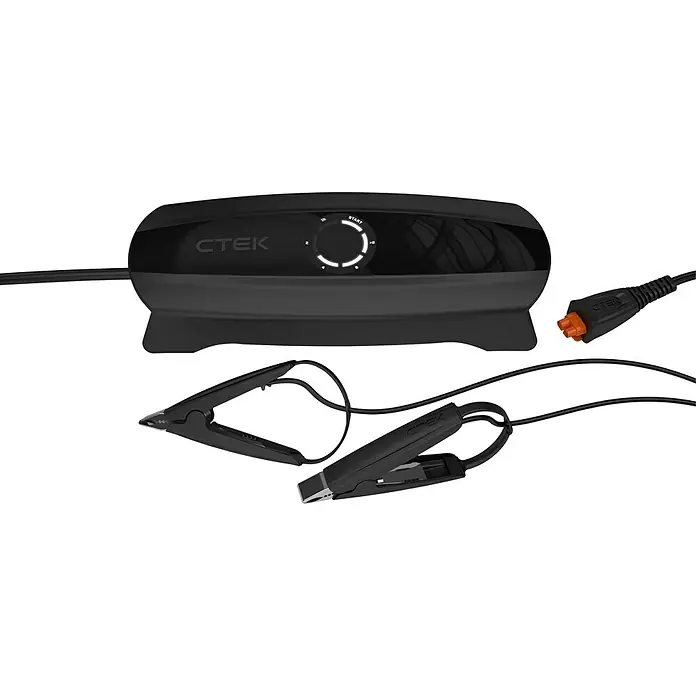 CTEK Automatik-Ladegerät CS ONE - Kapazität: 3 Ah - 180 Ah - Abbildung eines CTEK Batterieladegeräts mit Klemmen und Kabeln, ideal zum Aufladen von Autobatterien und zur Wartung.