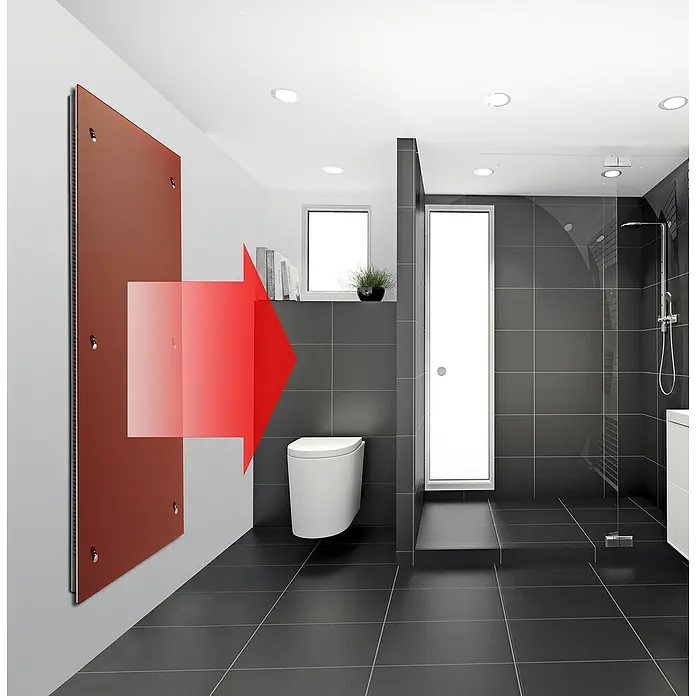 Admiral Infrarot-Glasheizkörper - 450 x 1.200 mm, 850 W, Rot - Dunkelgraues Badezimmer mit stilvollem Heizkörper an der Wand. Der Heizkörper sorgt für angenehme Wärme und modernes Design im Raum.