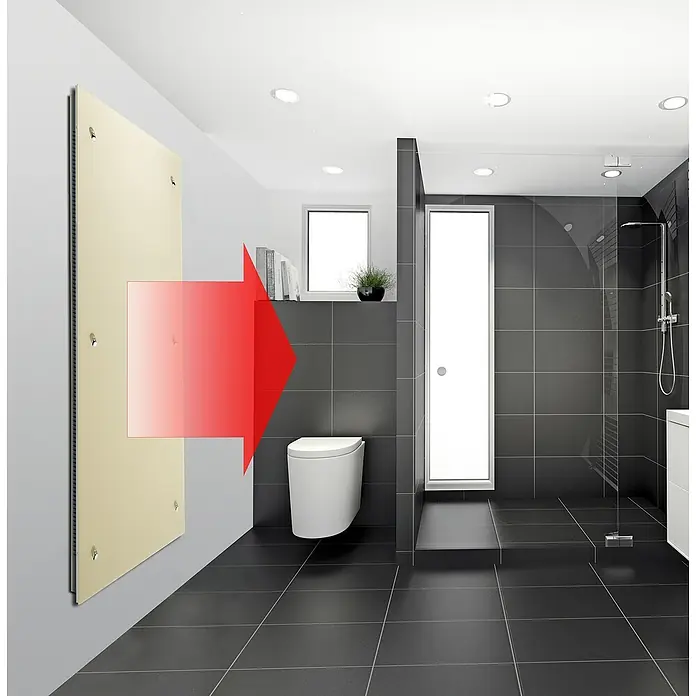 Admiral Infrarot-Glasheizkörper - 450 x 1.200 mm, 850 W, Weiß - Wärmewellenheizung im modernen Badezimmerdesign mit grauen Fliesen, Toilette und Dusche. Die Heizung sorgt für angenehme Wärme.