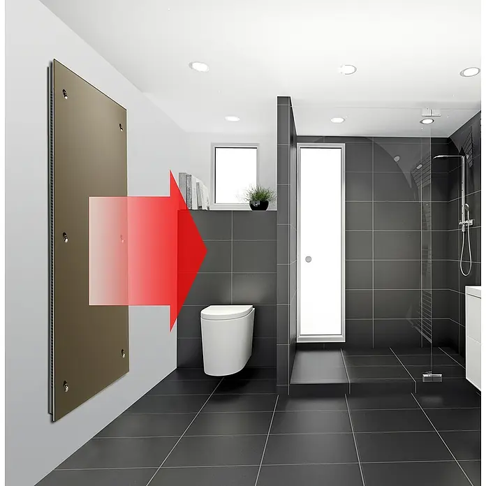 Admiral Infrarot-Glasheizkörper - 450 x 1.200 mm, 850 W, Beige, Grau - Abbildung eines modernen Badezimmers mit einem schlanken, braunen Heizkörper an der Wand. Roter Pfeil deutet auf Wärmeverteilung.