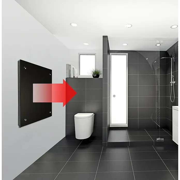 Admiral Infrarot-Glasheizkörper - 500 x 500 mm, 350 W, Schwarz - Elegantes Badezimmerdesign mit Fokus auf eine stilvolle, schwarze Heizkörperplatte, die Wärme und modernes Flair vereint.