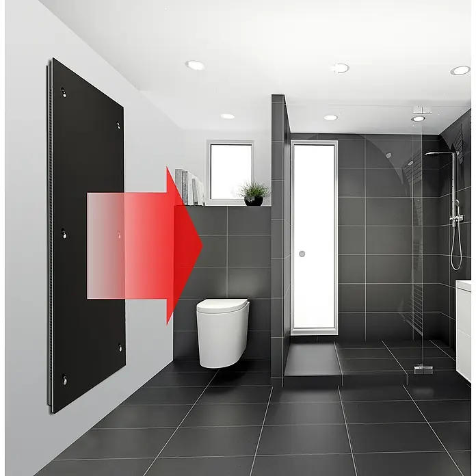 Admiral Infrarot-Glasheizkörper - 450 x 1.200 mm, 850 W, Schwarz - Dunkler Handtuchwärmer im modernen Badezimmer-Design. Erhitzt Handtücher schnell und effizient. Ideal für zusätzlichen Komfort.