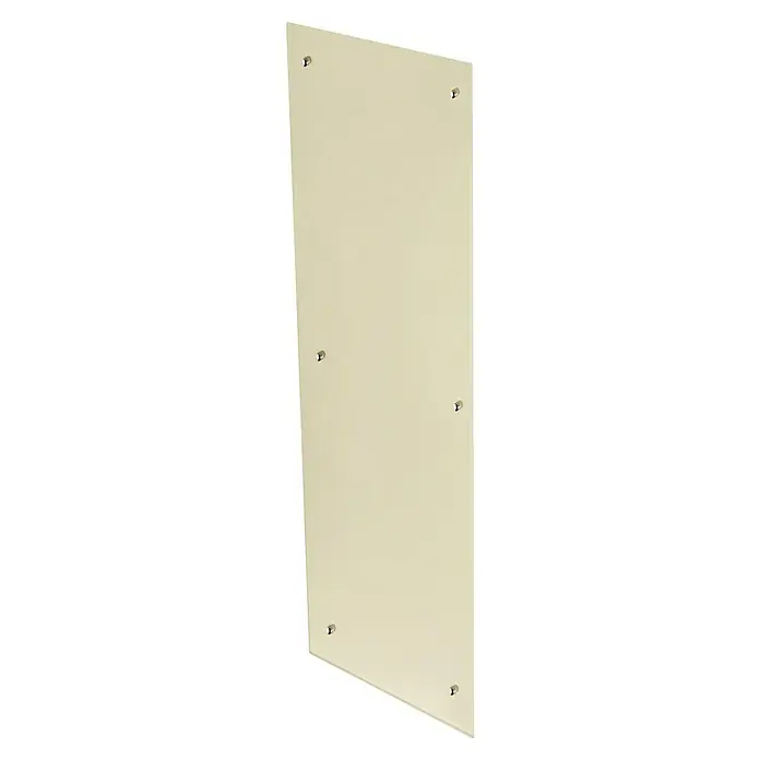 Admiral Infrarot-Glasheizkörper - 450 x 1.200 mm, 850 W, Weiß - Nahaufnahme einer elfenbeinfarbenen Türkickplatte mit sichtbaren Schrauben, ideal zum Schutz und zur Verschönerung von Türen.