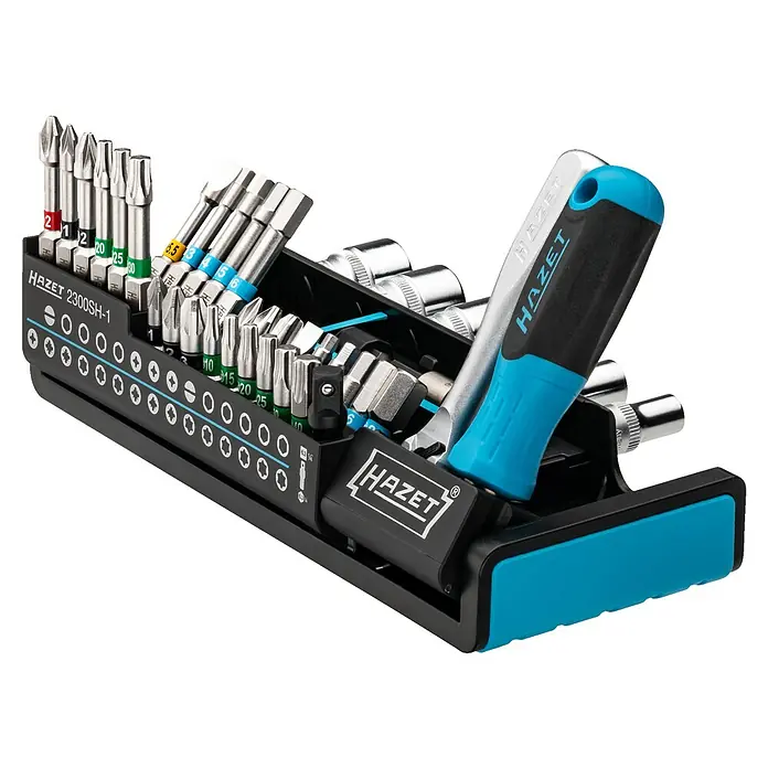 Hazet Steckschlüssel-Set SmartHolder - 39 -tlg., Antriebsgröße: ¼″ - Ein HAZET Schraubendreher-Bit-Satz, Modell 2300SH-1, präsentiert eine vielseitige Auswahl an Bits und Aufsätzen in einer robusten Halterung.
