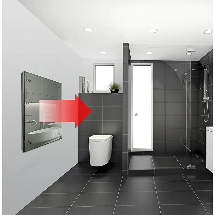Admiral Infrarot-Spiegelheizkörper - 500 x 500 mm, 350 W - Das Bild zeigt ein modernes Badezimmerdesign mit grauen Fliesen, einer Dusche und einer Toilette. Der Spiegel mit Waschbecken wird durch einen Pfeil hervorgehoben.