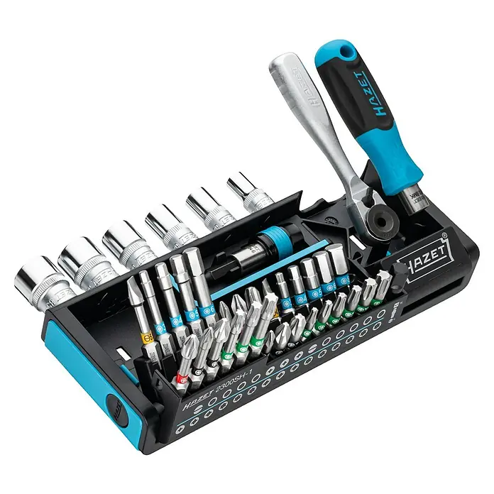 Hazet Steckschlüssel-Set SmartHolder - 39 -tlg., Antriebsgröße: ¼″ - HAZET 2300SH-1 Bit-Satz mit Steckschlüsseleinsätzen, Bits, Schraubendreher und Knarre. Ideal für Werkstatt und unterwegs.