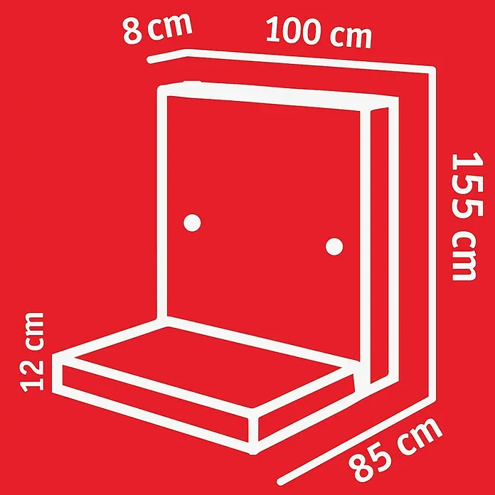 Diephaus L-Stein Slim - 155 cm, 100 cm, Stärke: 8 cm, Grau - Eine schematische Darstellung eines Eckregals mit den Maßen 100 cm Breite, 155 cm Höhe und 85 cm Tiefe.